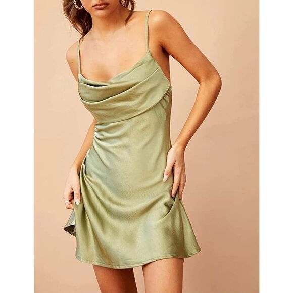 Satin Ruched Cowl Neck Slip Mini Dress size Large Silk Spaghetti Skater Wedding - Picture 2 of 6